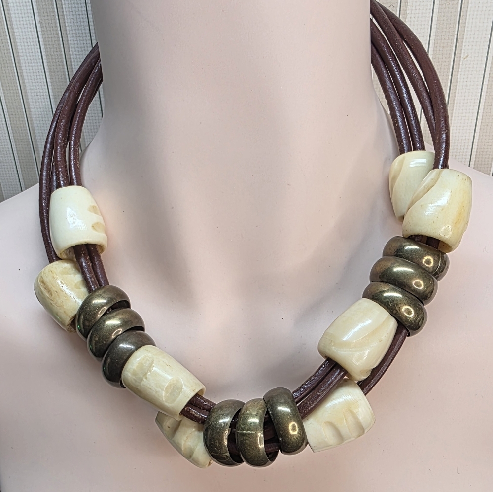 Chunky Tribal Bone & Leather Statement Collar Necklace Brass Boho